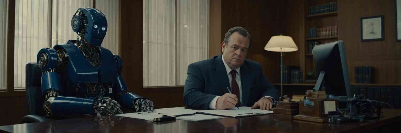 Um robô sentado à mesa ao lado de seu advogado.