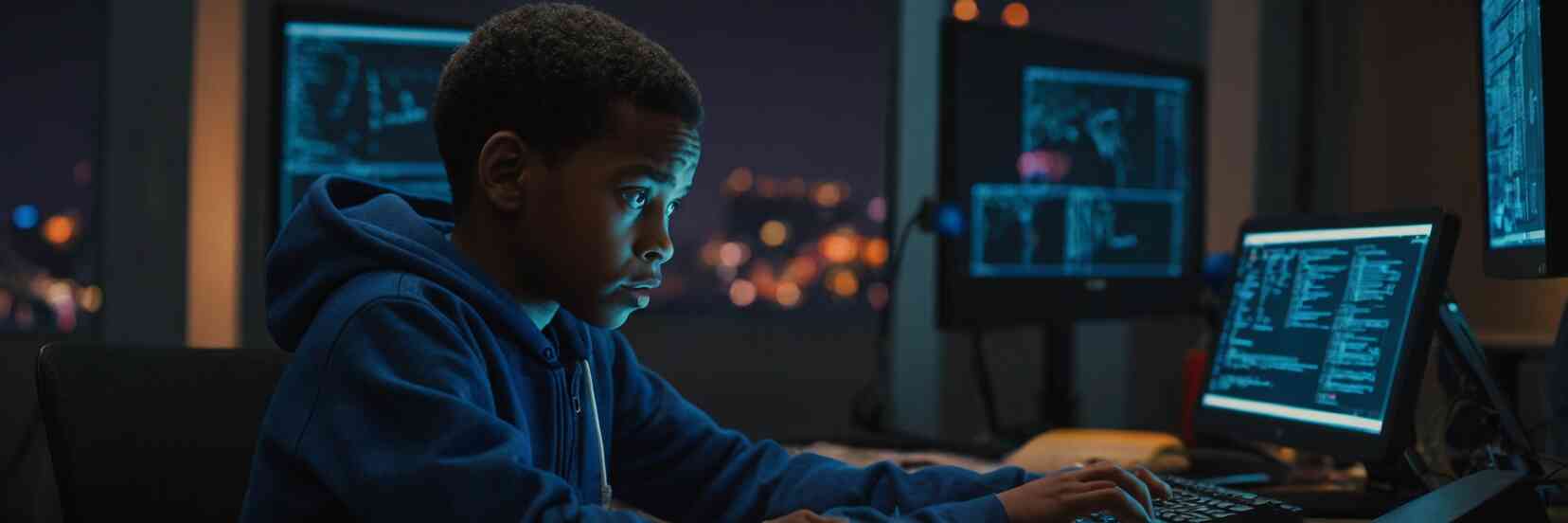 Um programador-mirim operando um computador.