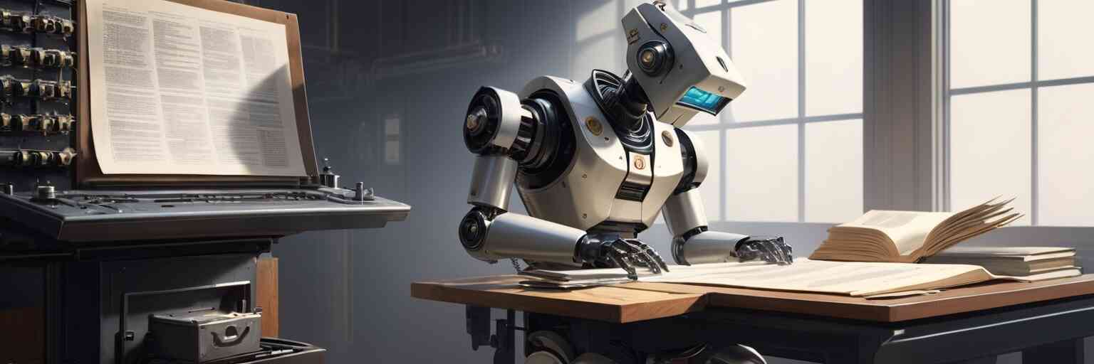 Um robô examinando a prova de impressão de uma página de livro de papel.